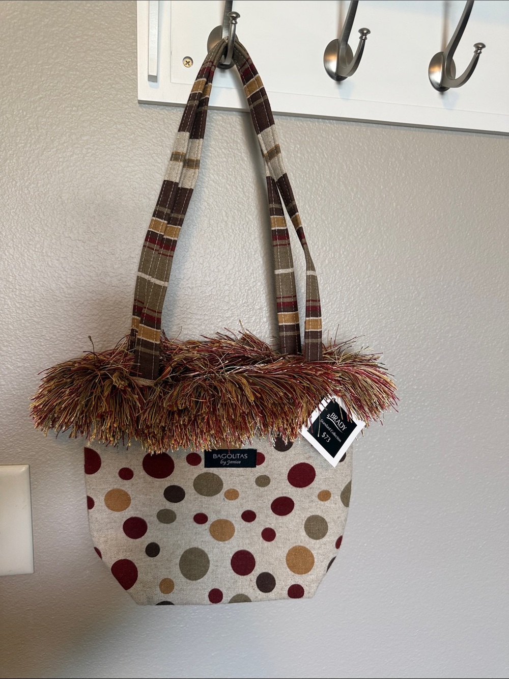 Bagolitas Polka Dot Fringe Tote in Beige, Maroon & Brown